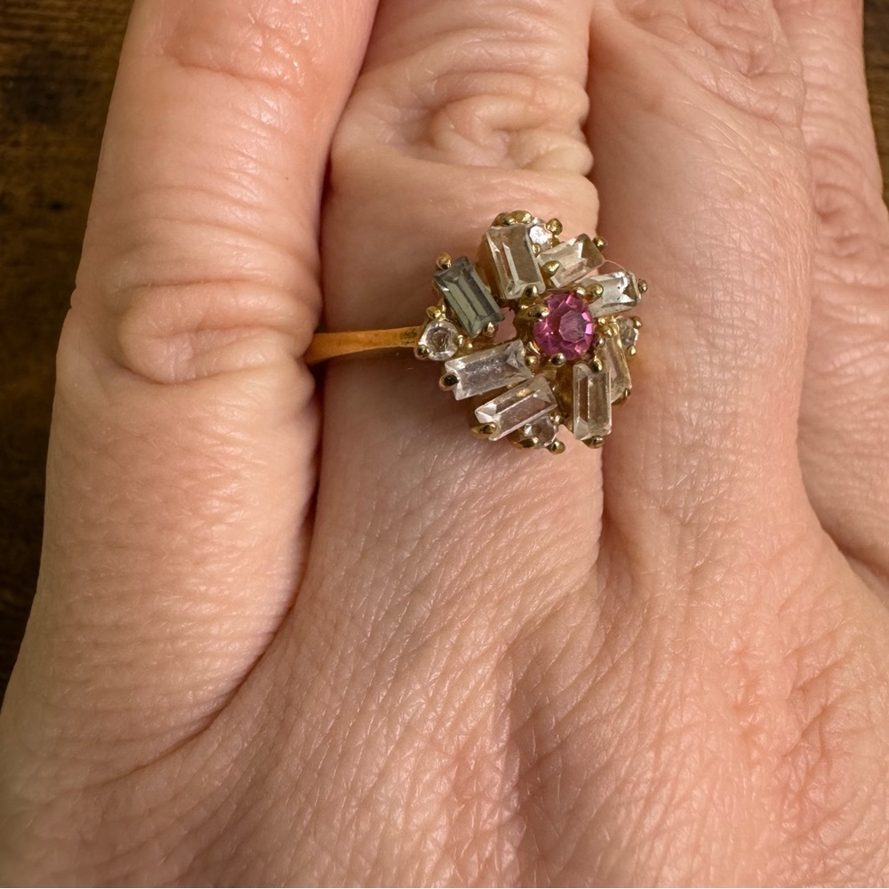 Pink Stone Ballerina Ring Crystal Baguette Cluster Fireworks Gold Plated Vintage - Picture 11 of 14